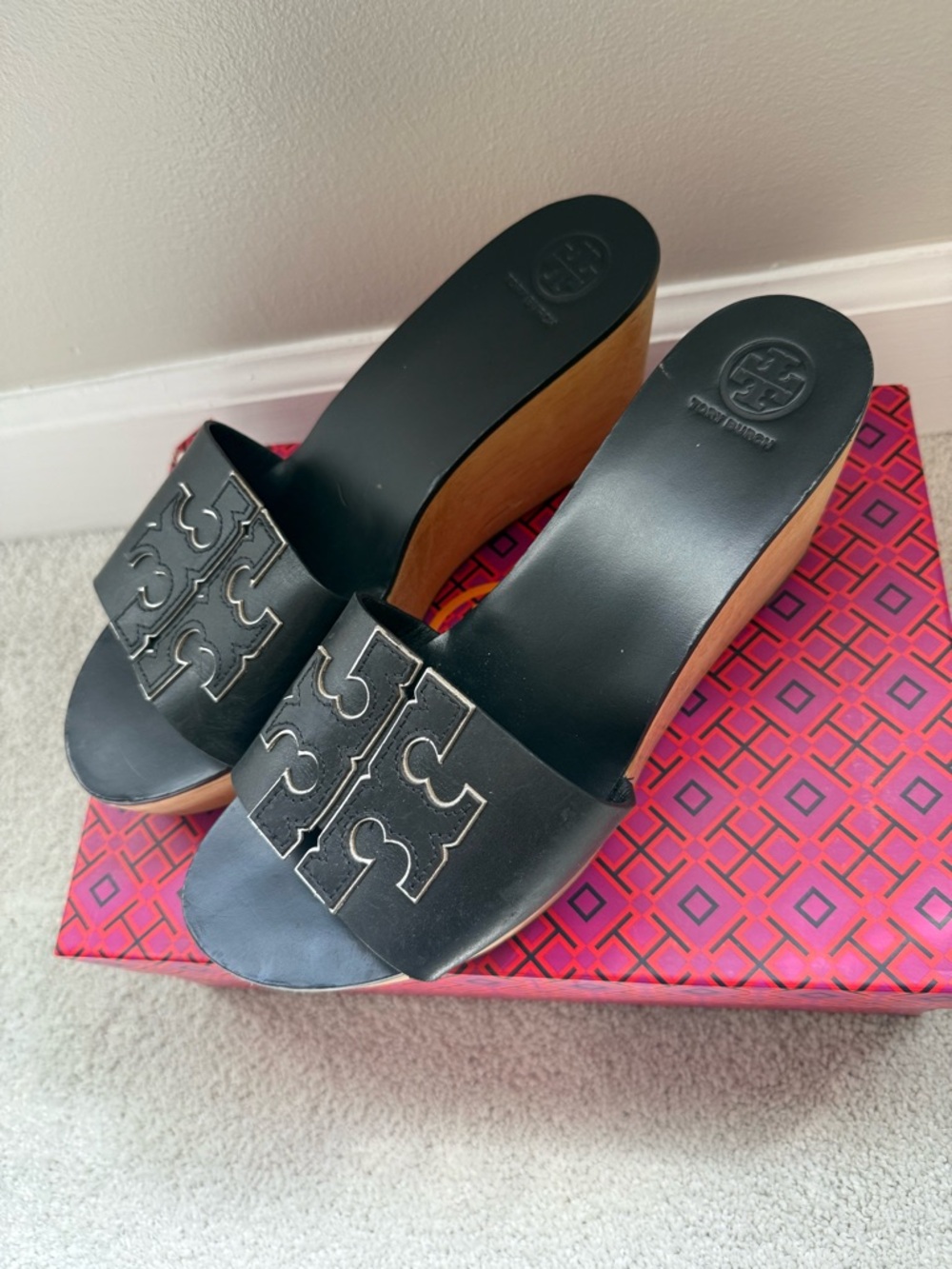 Tory Burch Black Leather Logo Wood Wedge Sandals